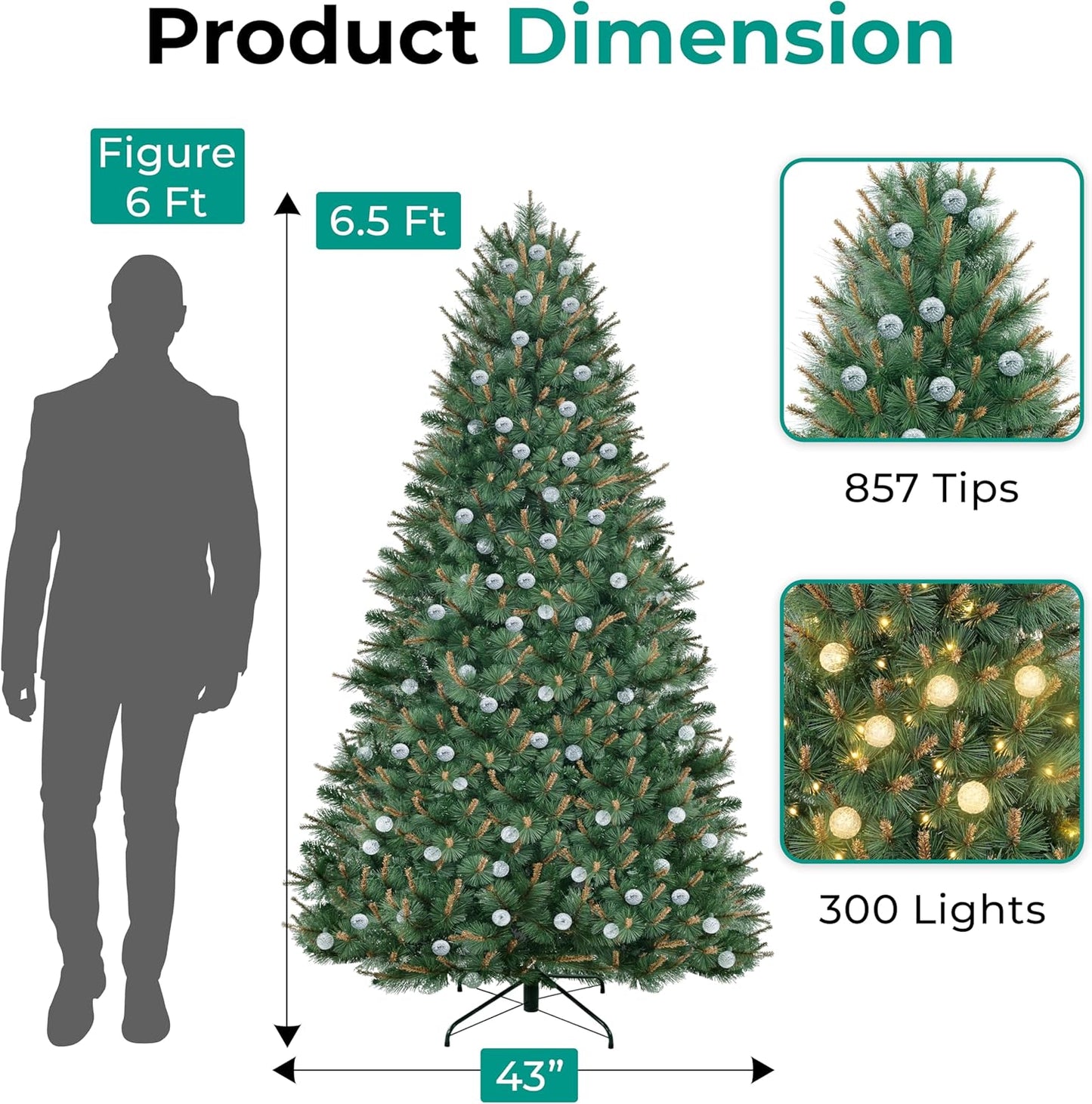Selena 6.5ft Prelit Artificial Christmas Tree with 857 Branch Tips, 300 Warm Lights and Metal