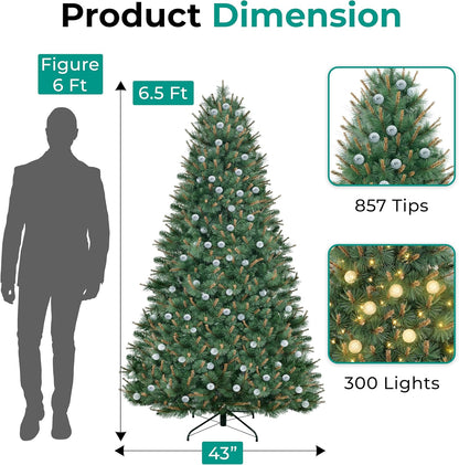 Selena 6.5ft Prelit Artificial Christmas Tree with 857 Branch Tips, 300 Warm Lights and Metal