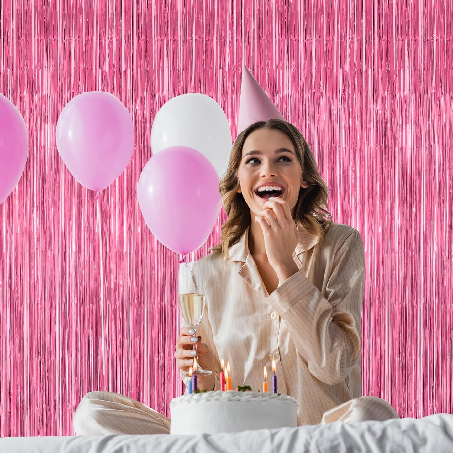 8 Pack Pink Backdrop, 3.28 FT x 7.05 FT Pink Birthday Decorations, Metallic Pink Backdrop for