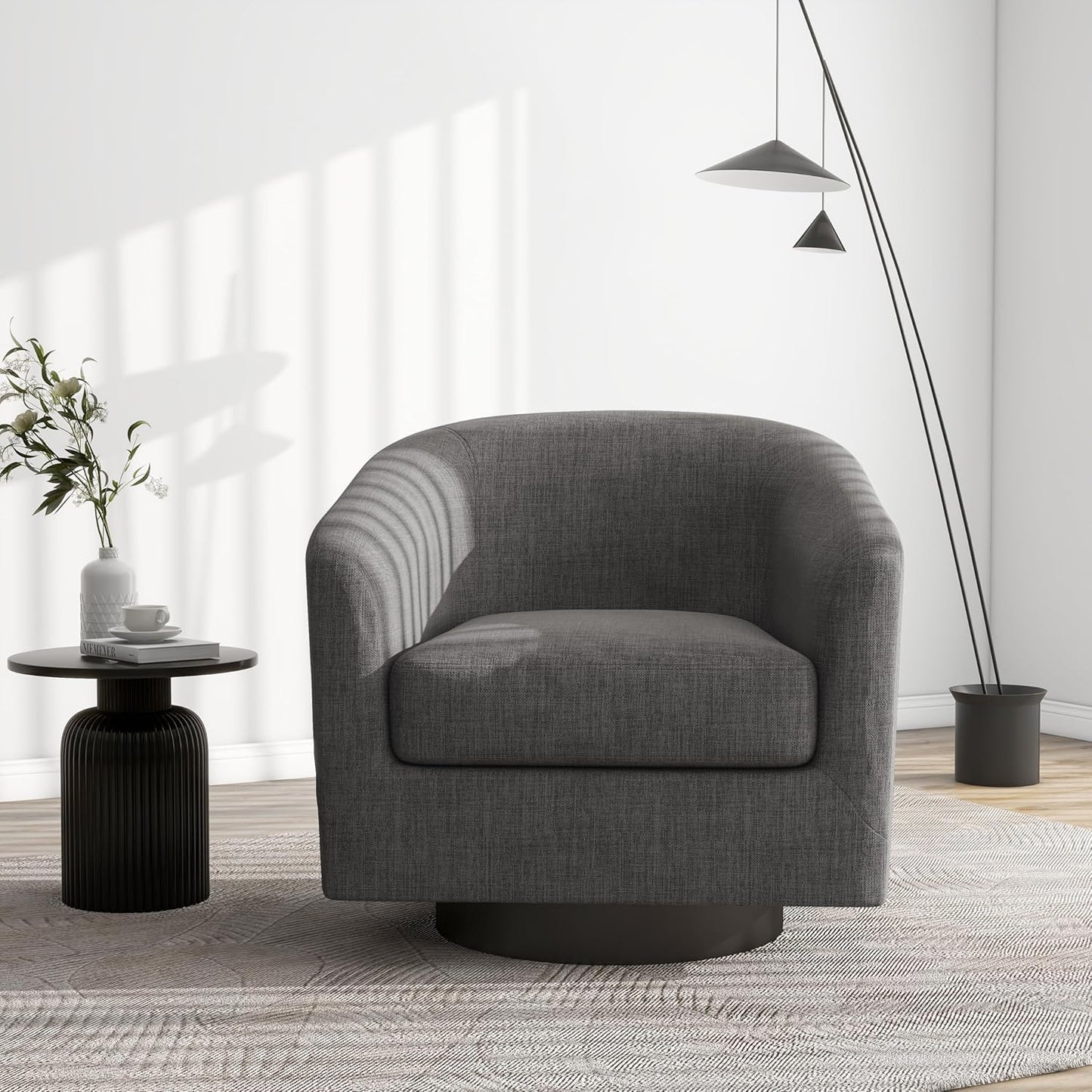 Swivel Barrel Accent Chair, Modern Round Linen Arm Chair for Living Room, Bedroom, Comfy Club