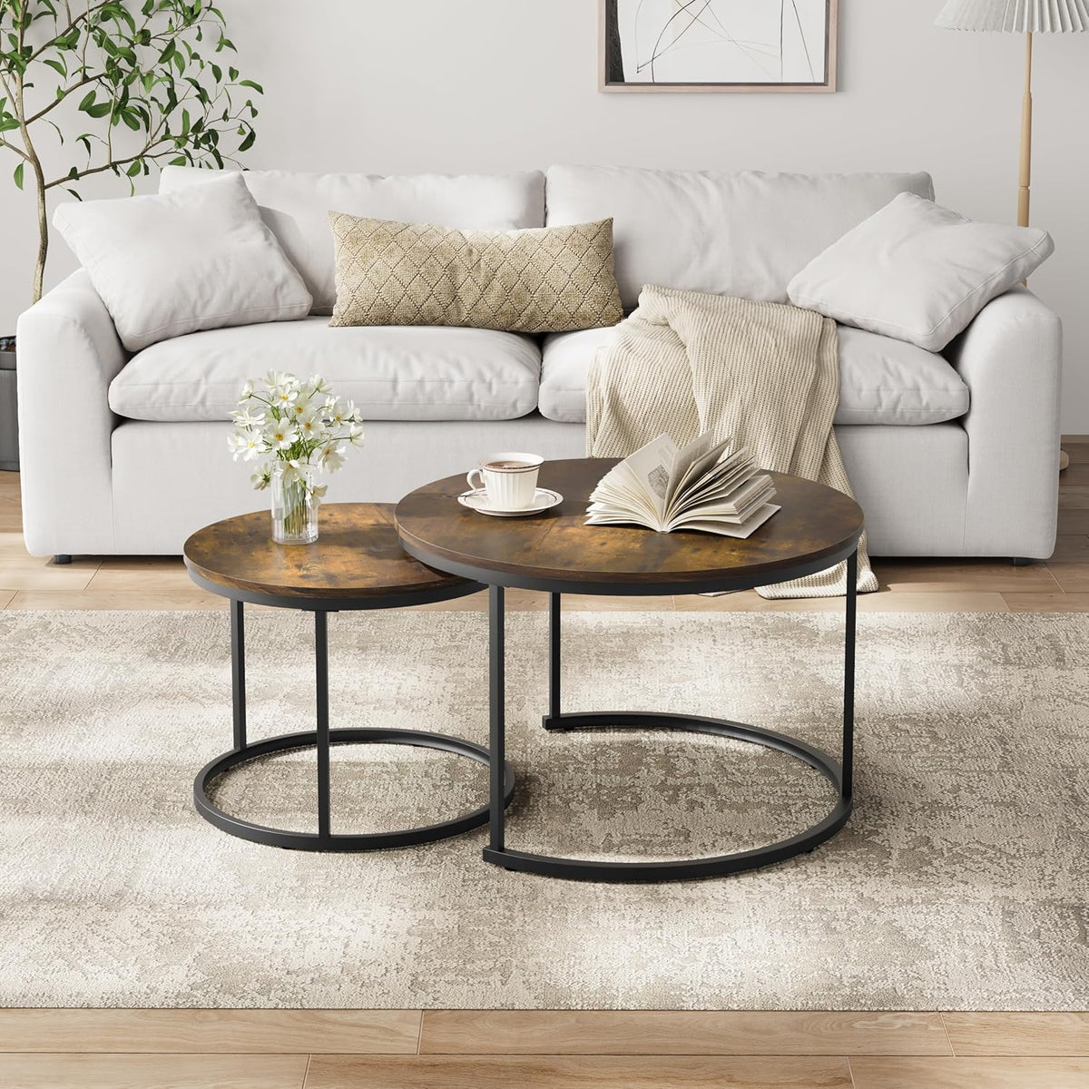 Smuxee Rustic Nesting Coffee Table Set of 2, 27.6" Round Coffee Table Wooden Marble Pattern with