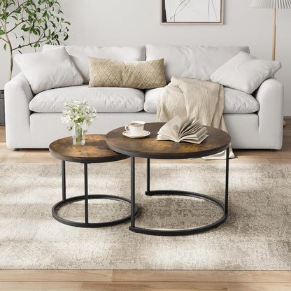 Smuxee Rustic Nesting Coffee Table Set of 2, 27.6" Round Coffee Table Wooden Marble Pattern with