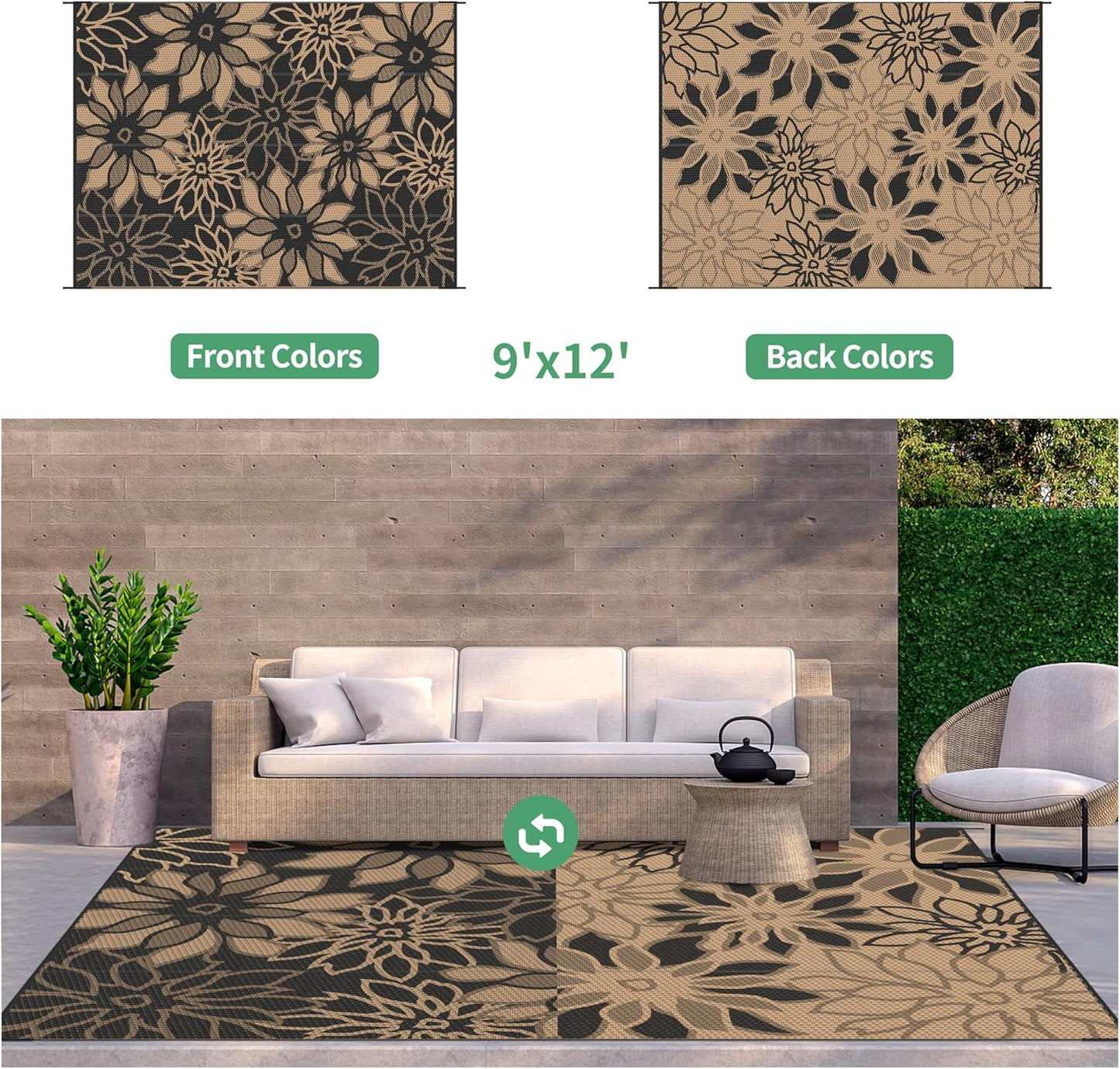 GENIMO Outdoor Rug Waterproof for Patio Decor, 9' x 12' Reversible Plastic Straw Floral Camping
