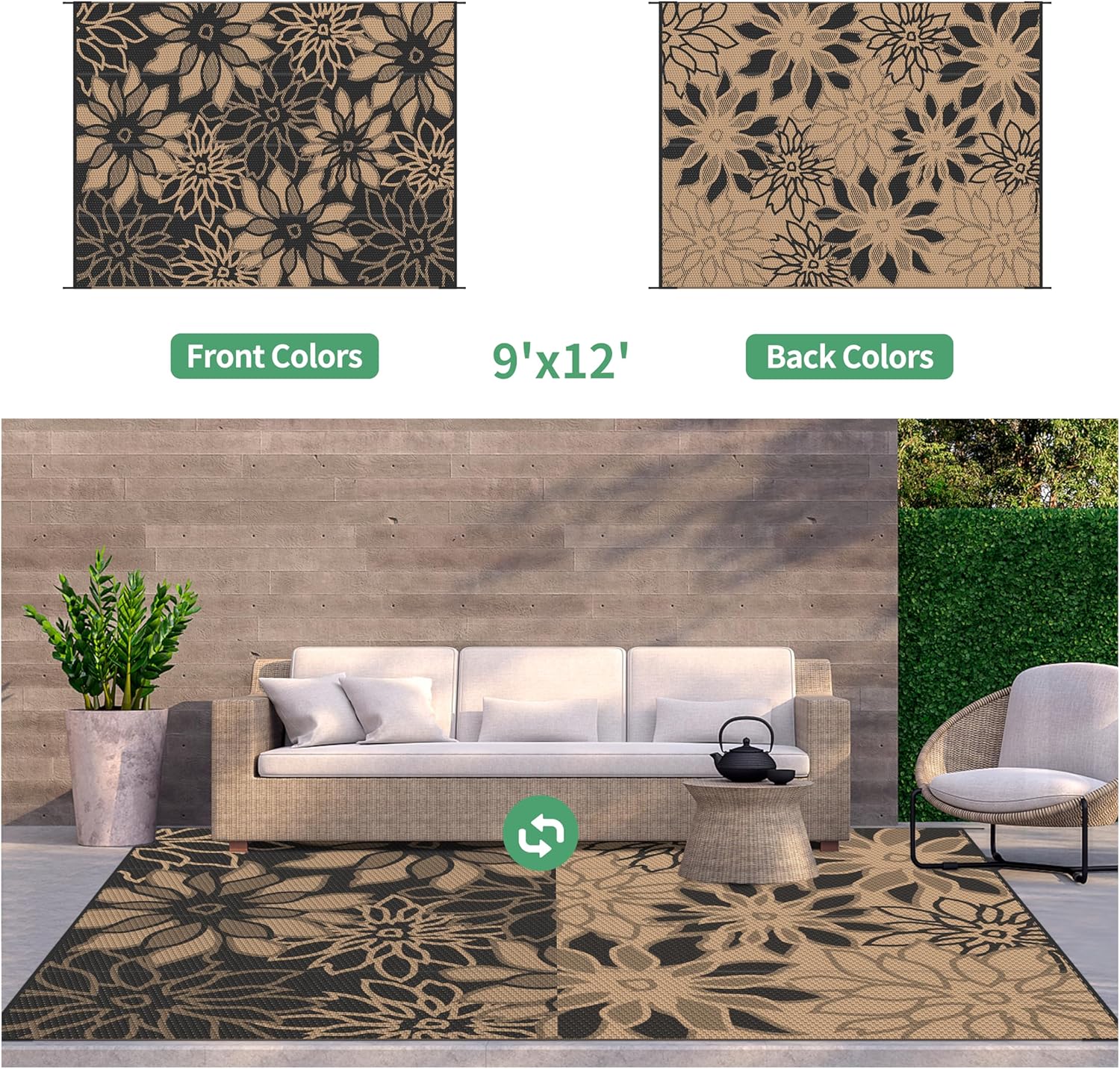 GENIMO Outdoor Rug Waterproof for Patio Decor, 9' x 12' Reversible Plastic Straw Floral Camping