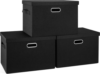 Large 17" 36 Quart Collapsible Stackable Storage Bins with Lids, 3 Packs Black Linen Fabric Closet