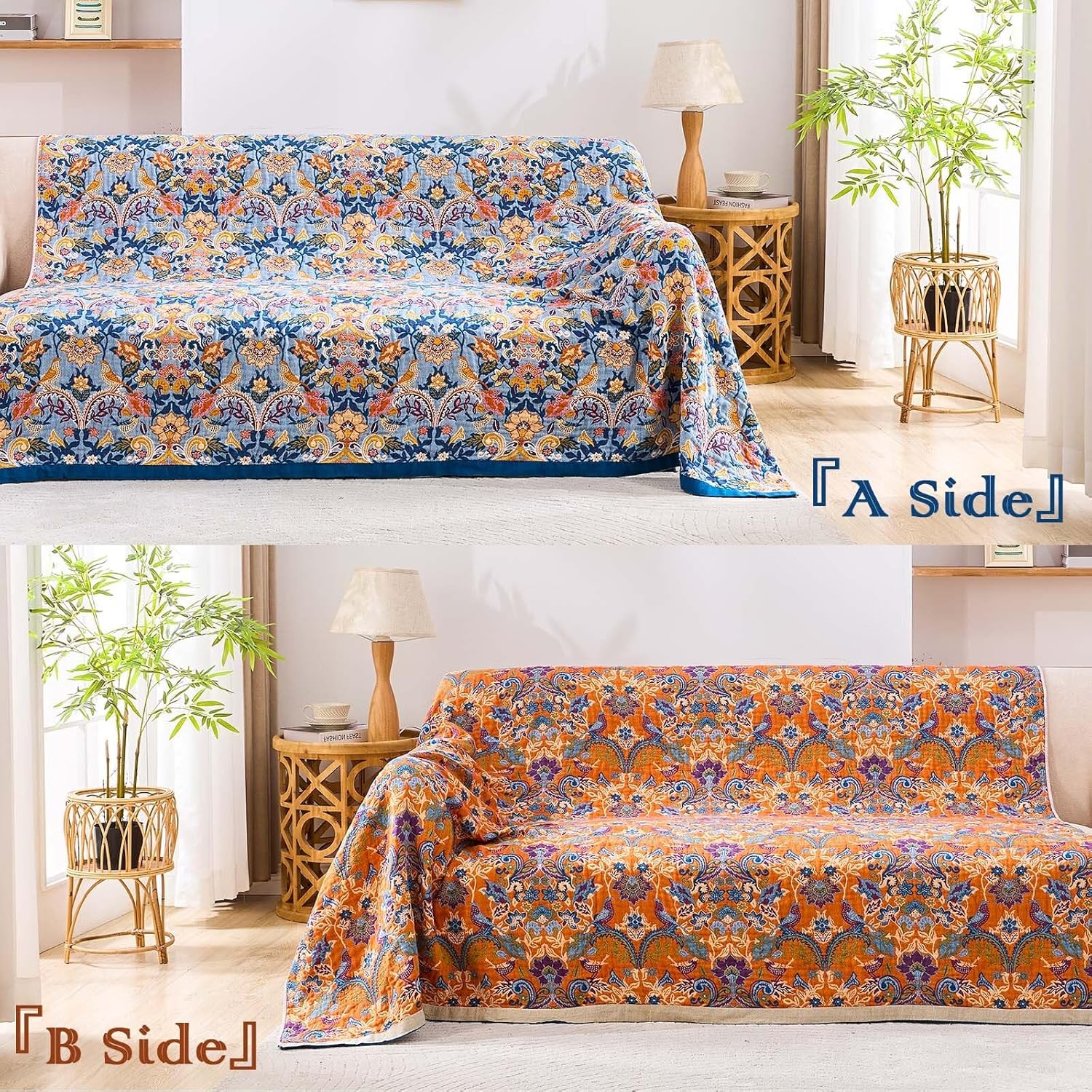 Boho Throw Blanket for Bed, 100% Cotton Soft Rustic Quilt Fall Blanket, 90"x98" Floral Printed