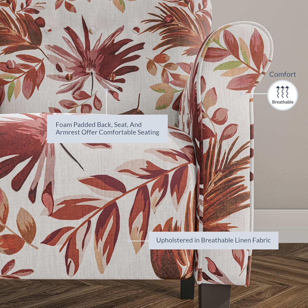 BELLEZE Modern Accent Chair for Living Room, High Back Floral Armchair with Wooden Legs