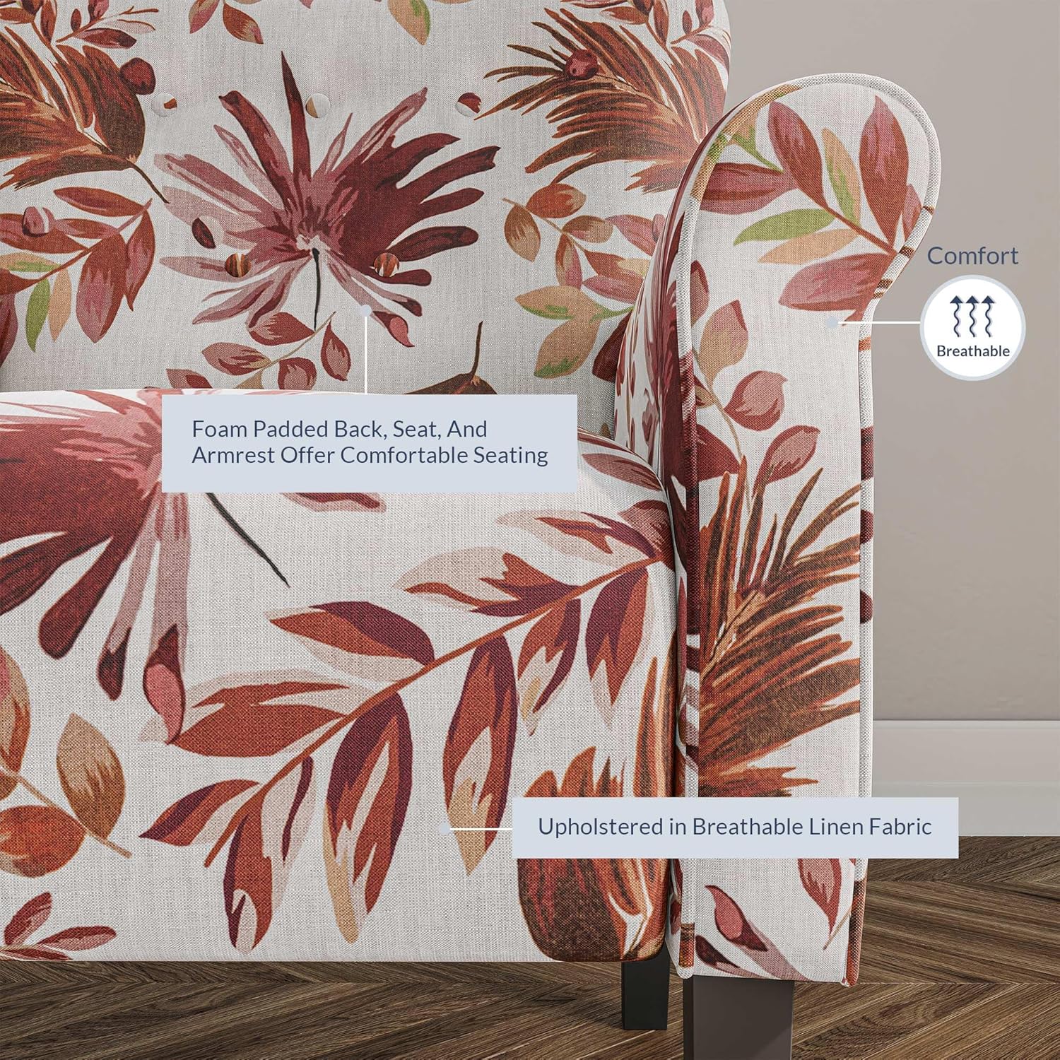 BELLEZE Modern Accent Chair for Living Room, High Back Floral Armchair with Wooden Legs