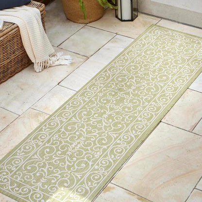 JONATHAN Y Vintage Filigree Indoor Outdoor Runner Rug 2X8 Green/Cream, Charleston Textured Weave