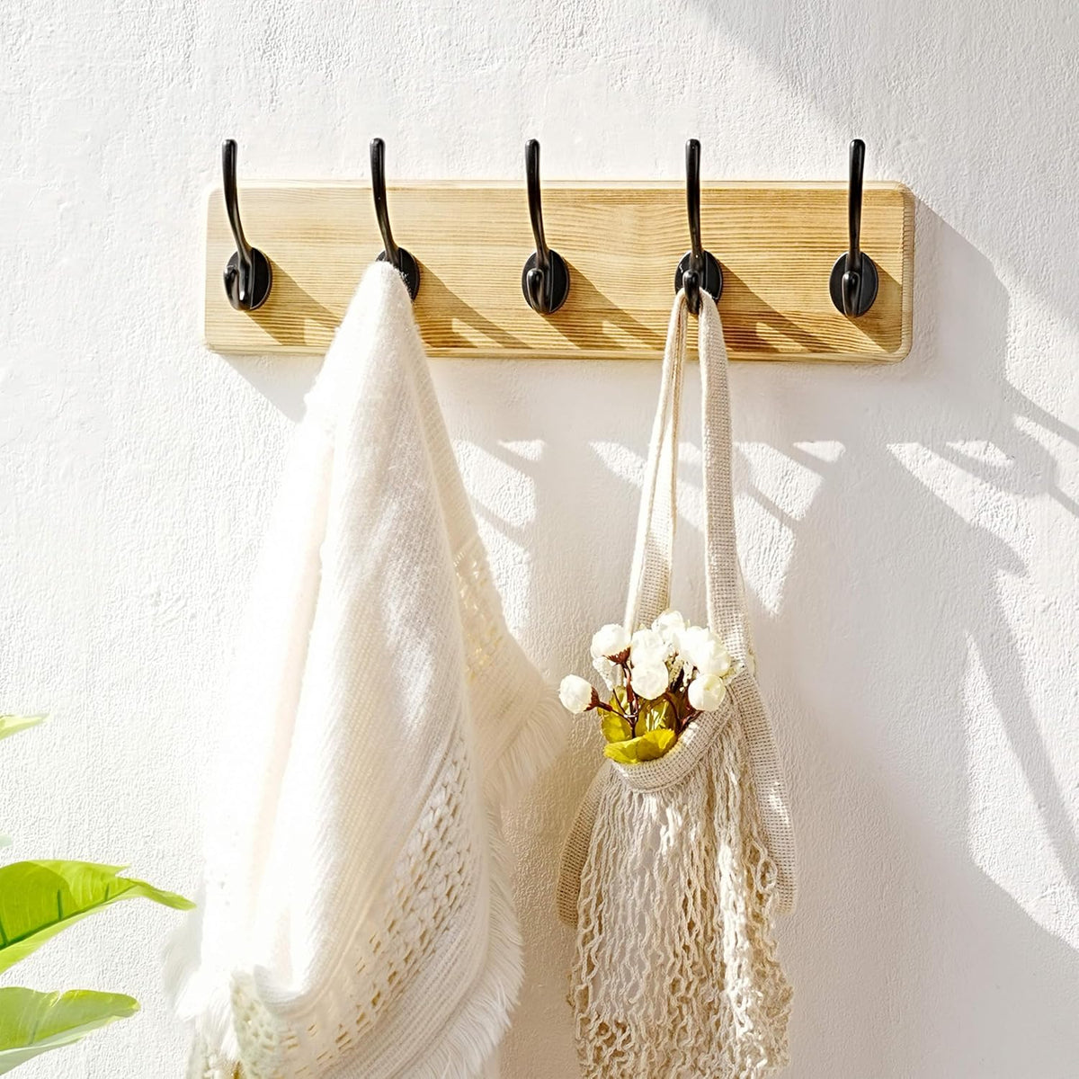 Dseap Coat Rack Wall: Patented, Heavy-Duty, 5-Double-Hooks Wooden Wall Mounted Coat Rack Coat