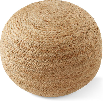 Casafield Hand-Braided Jute Pouf Ottoman Footrest, 19" Round x 10-1/2" High, Natural Woven Boho