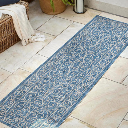 JONATHAN Y Vintage Filigree Indoor Outdoor Runner Rug 2X8 Navy/Gray, Charleston Textured Weave for