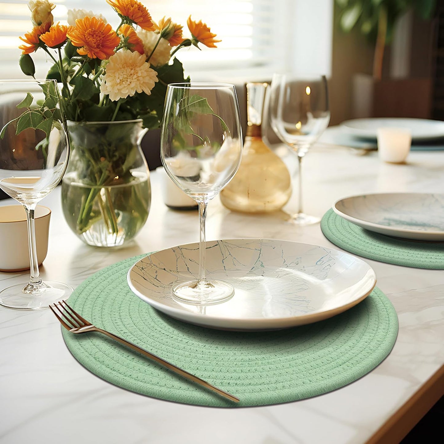 Round Placemats Set of 6, Cotton Rope Woven Table Mats, Hot Pads for Kitchen, Non Slip Heat