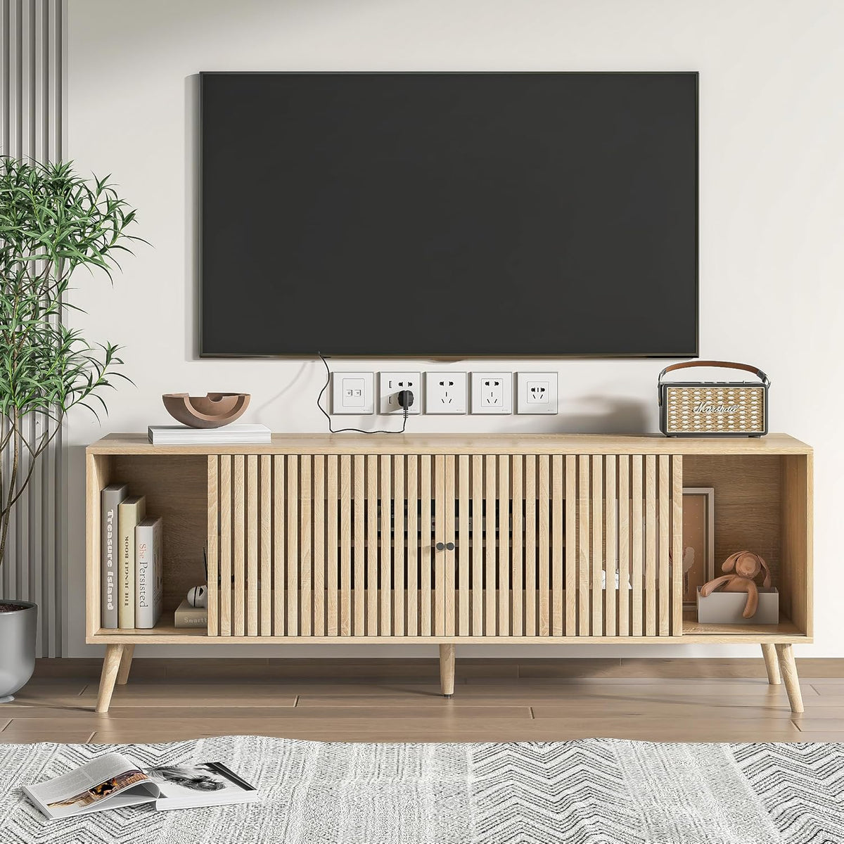 Mid Century Modern TV Stand for Televisions up to 70 Inches, with Sliding Doors and Storage