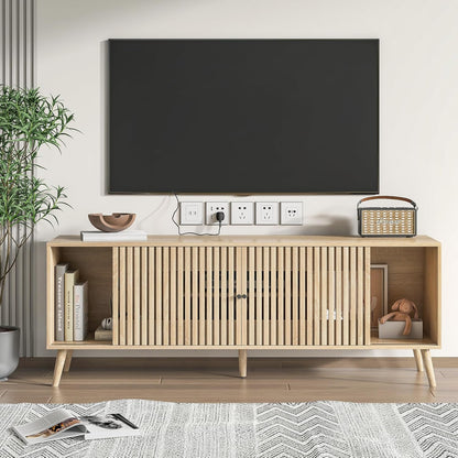 Mid Century Modern TV Stand for Televisions up to 70 Inches, with Sliding Doors and Storage