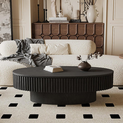 47.2''Oval Coffee Table with Storage, Mid Century Modern Fluted Drum Center Tables with Lid, Solid