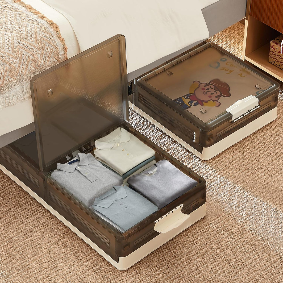 VECELO Under Bed Storage with Wheels, 2 Pack Stackable Under Bed Storage Containers, Underbed