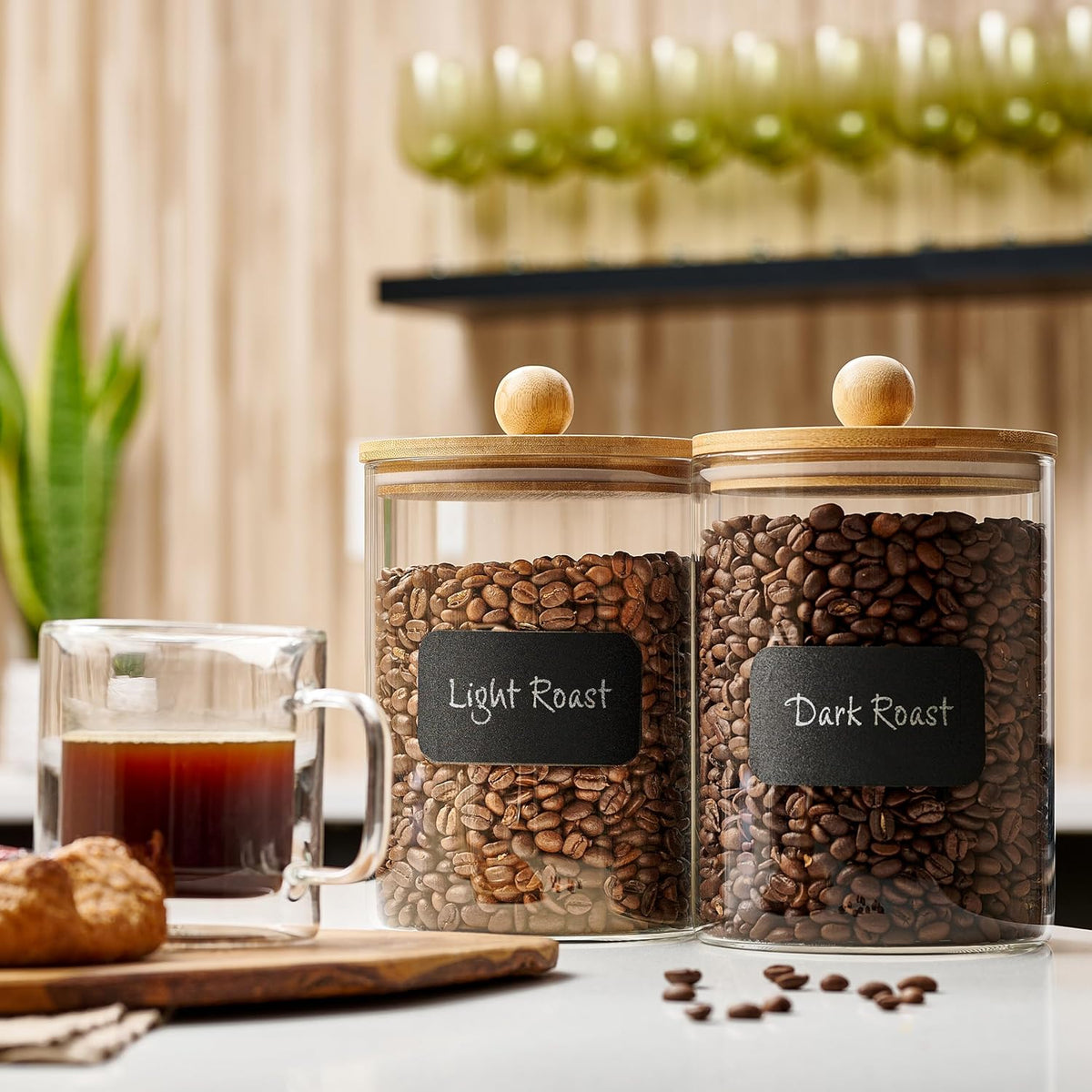 Set of 2 Large Glass Canisters for Kitchen Counter with Airtight Bamboo Lids + Marker & Labels