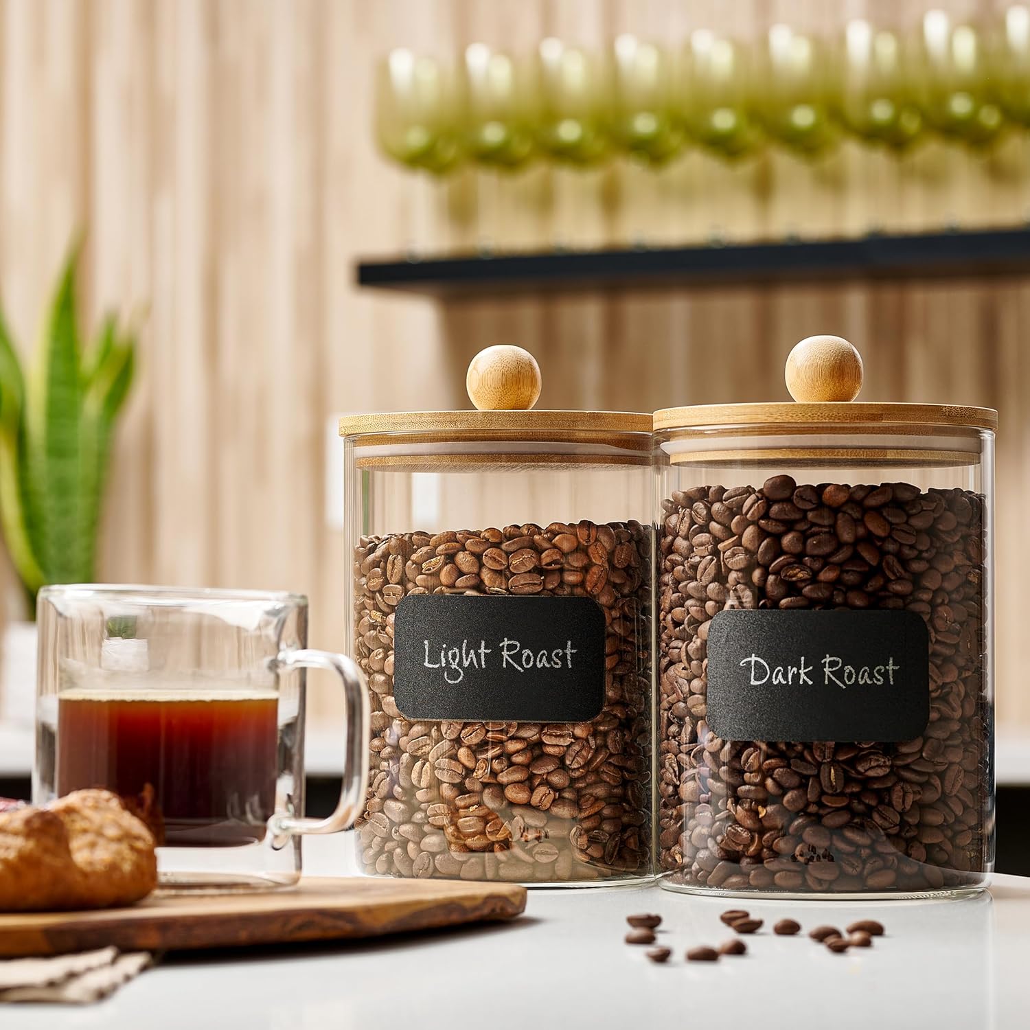 Set of 2 Large Glass Canisters for Kitchen Counter with Airtight Bamboo Lids + Marker & Labels