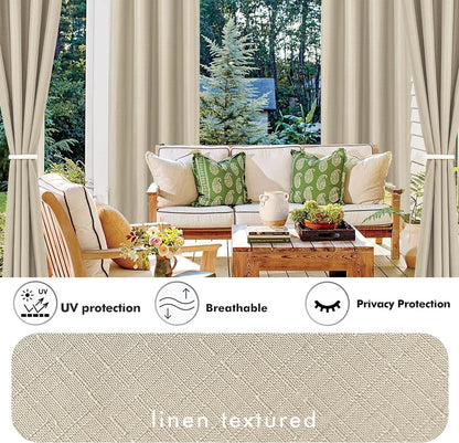 HolidayIdeas Linen Outdoor Curtains for Patio Waterproof 4 Panels Cream Outside Curtains 84 inch