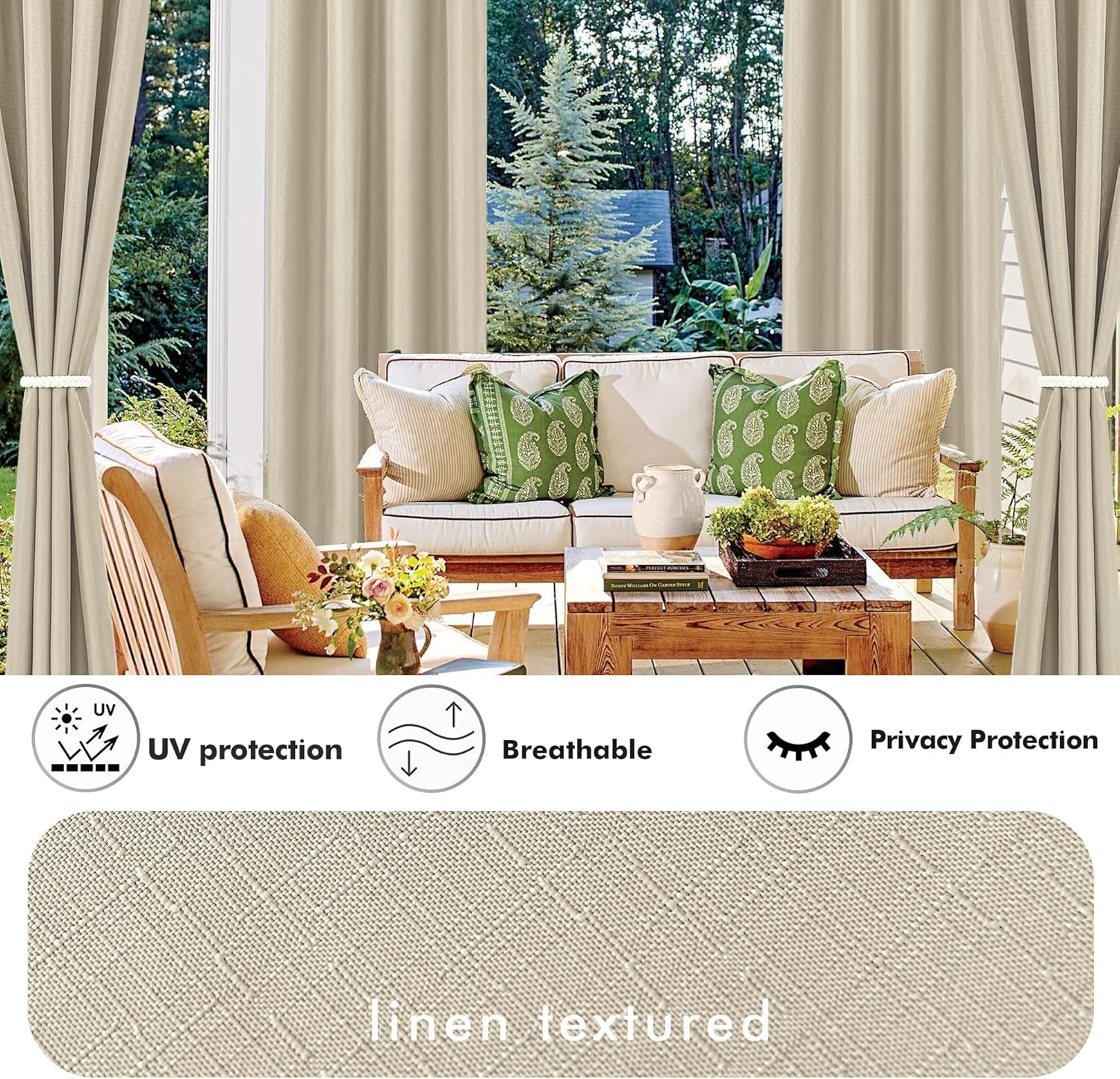 HolidayIdeas Linen Outdoor Curtains for Patio Waterproof-4 Panels Cream Outside Gazebo Curtains
