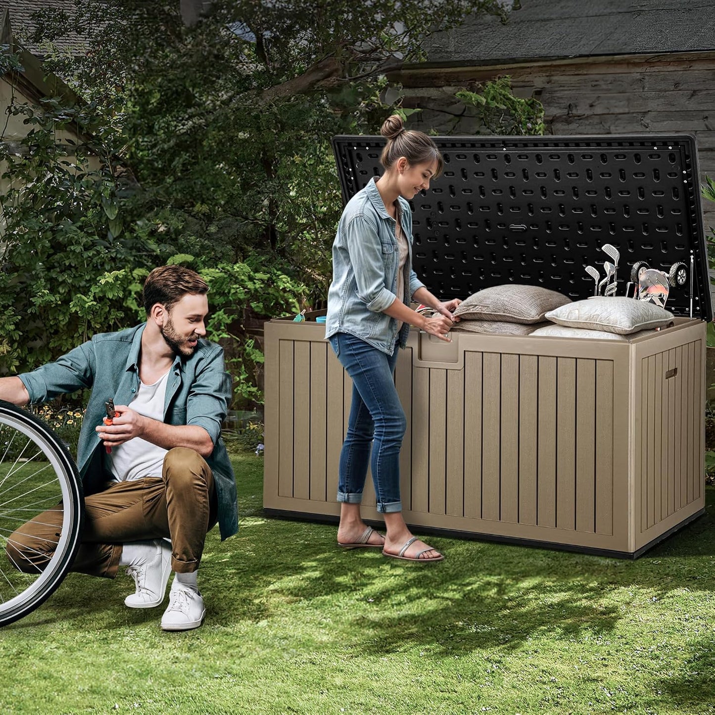 YITAHOME 230 Gallon Large Deck Box with Divider & Side Handles, Outdoor Double-Wall Storage for
