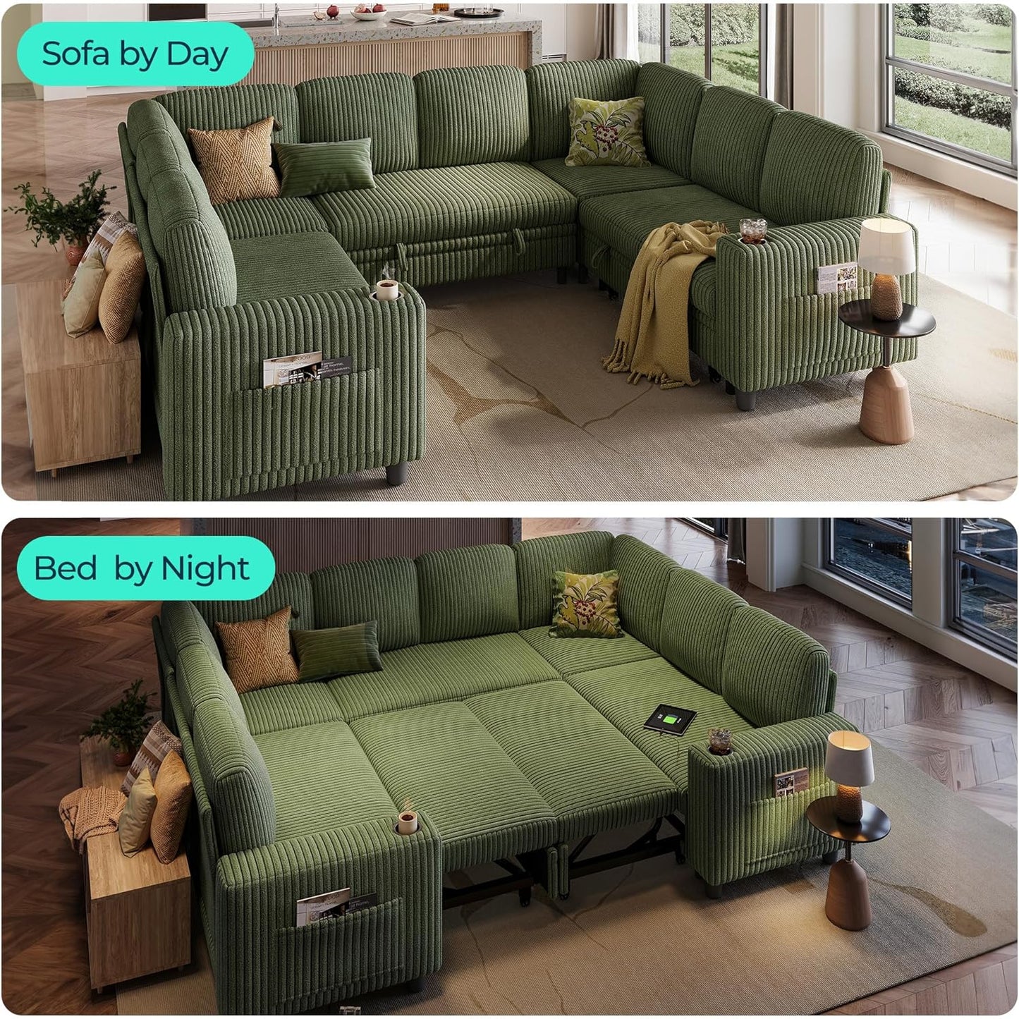 LINSY HOME Sectional Sleeper Sofa with Pull Out Couch Bed - Convertible Plush Corduroy Cloud Couch