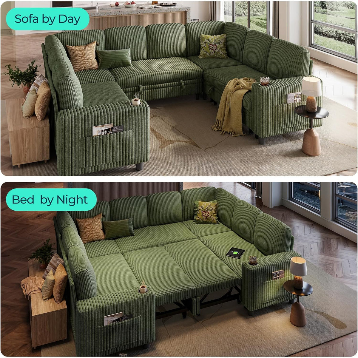 LINSY HOME Sectional Sleeper Sofa with Pull Out Couch Bed - Convertible Plush Corduroy Cloud Couch