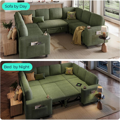 LINSY HOME Sectional Sleeper Sofa with Pull Out Couch Bed - Convertible Plush Corduroy Cloud Couch