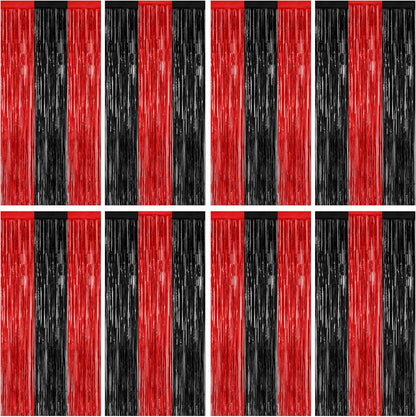 8 Pack Halloween Party Supplies, 3.28 FT x 7.05 FT Red and Black Foil Streamer, Metallic Fringe