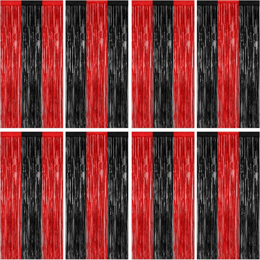 8 Pack Halloween Party Supplies, 3.28 FT x 7.05 FT Red and Black Foil Streamer, Metallic Fringe