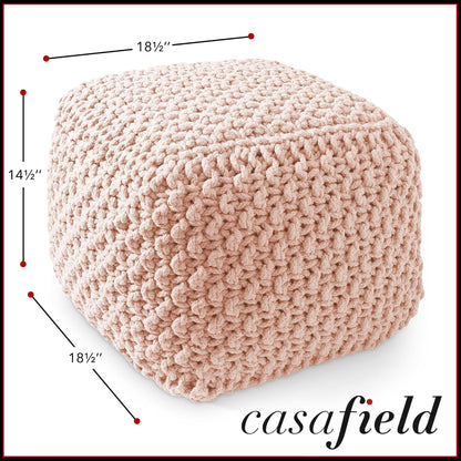 Casafield Square Pouf Ottoman, Light Pink 18.5" W x 18.5" D x 14.5" H Cotton Knit Foot Stool - Boho