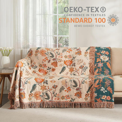Boho Throw Blanket for Bed 80”x90”, 100% Cotton Woven Blanket for Couch Sofa, Ultra Soft 4-Layer
