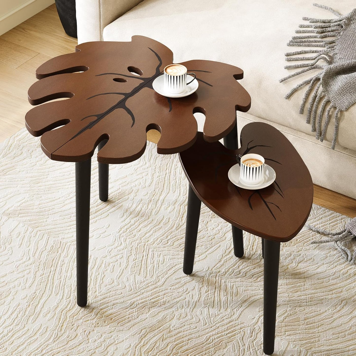 BAMEOS Monstera Leaf Nesting Tables Set of 2, Small Coffee Table Set with Leaf Vein Pattern, Modern