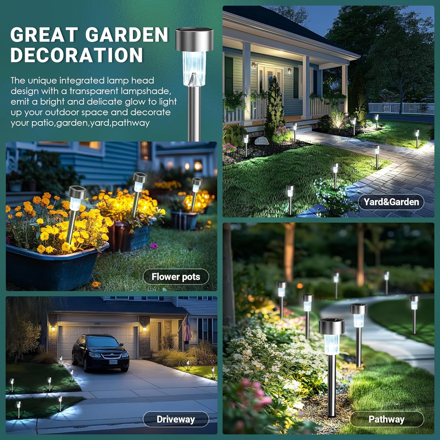 GIGALUMI Solar Lights Outdoor Waterproof, 12 Pack, Stainless Steel LED Solar Garden Lights for