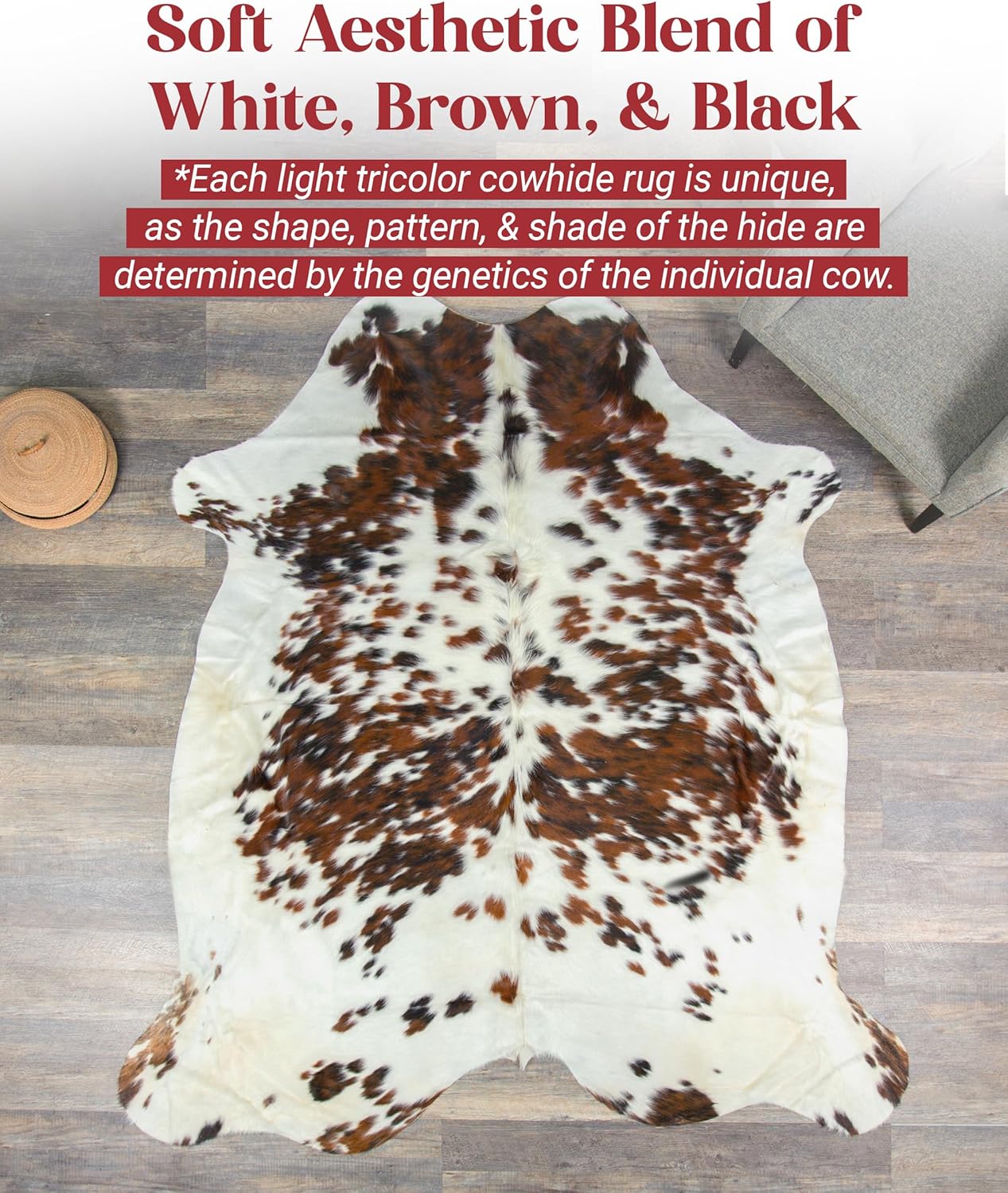 Light Tricolor Cowhide Rug Premium Cowhides Leather with Mixed White, Brown & Black Color Pattern