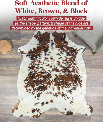 Light Tricolor Cowhide Rug Premium Cowhides Leather with Mixed White, Brown & Black Color Pattern