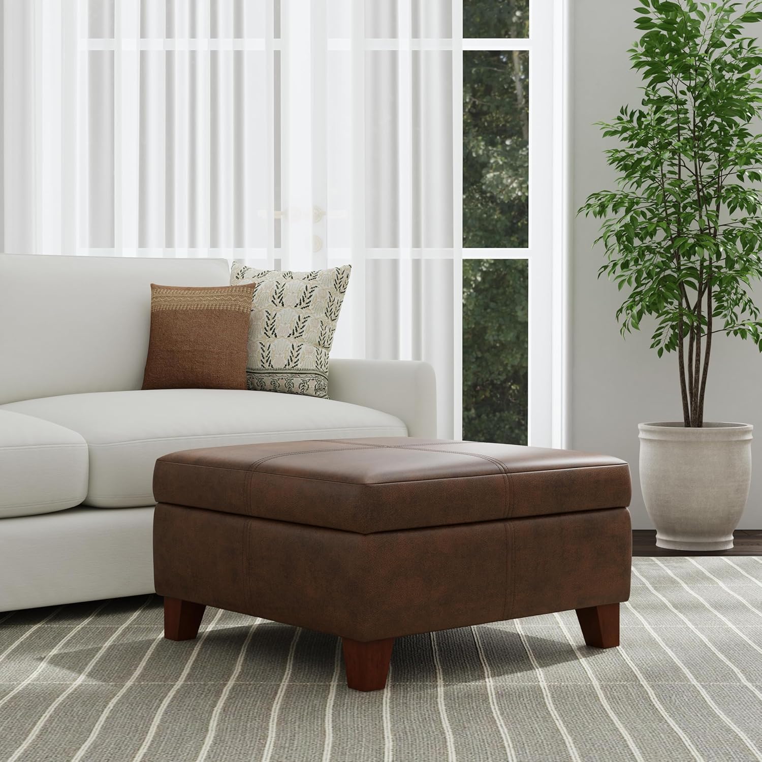 HomePop Home Decor |K2380-E910 | Luxury Large Faux Leather Square Storage Ottoman | Ottoman with