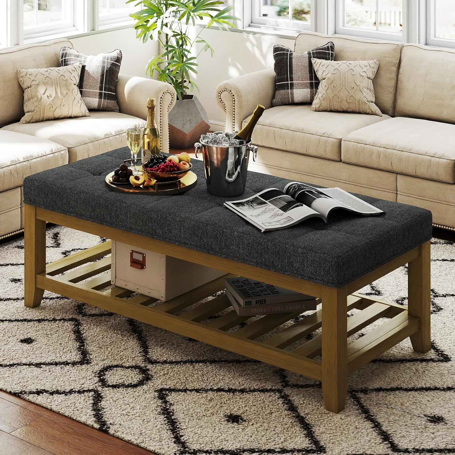 Large Rectangular Upholstered Ottoman Bench, Linen Tufted Footrest Ottoman with Solid Wood Shelf