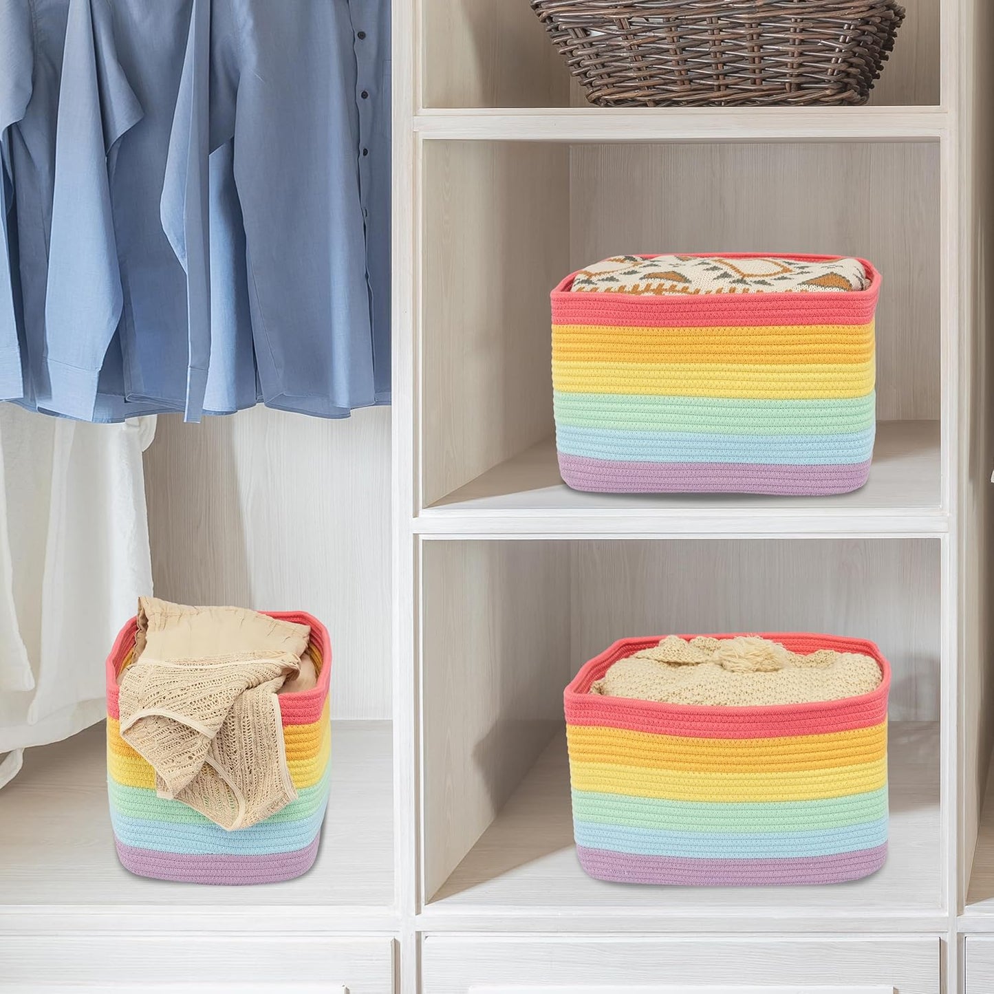 3-Pack Rainbow Storage Baskets 14.5X9.5X9.3“ – Woven Toy Organizer Bins for Kids, Baby Room