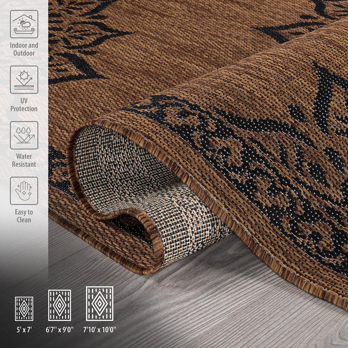 CAMILSON Outdoor Rug, 10x14 Medallion Nut Brown Black Modern Area Rugs for Large Indoor and Outdoor