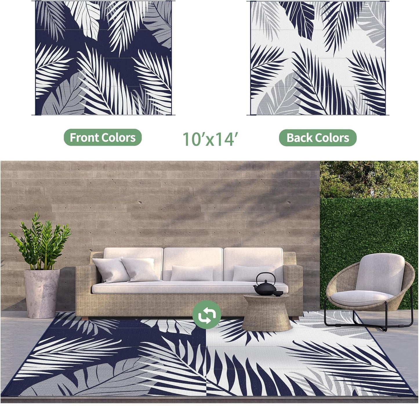 GENIMO Outdoor Rug 10' x 14' Waterproof for Patios Clearance, Reversible Outdoor Plastic Straw