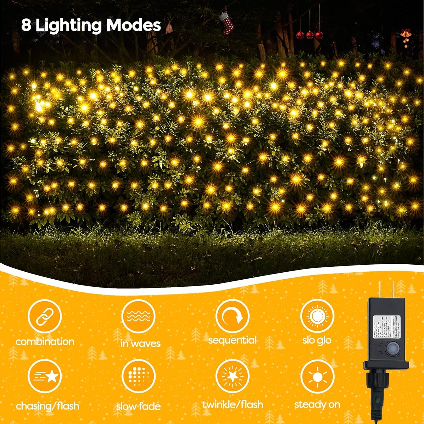 WBao Outdoor Christmas Lights 200LED F8 Big Bulbs, 8.4ft x 5.2ft Christmas Net Lights with 8 Modes