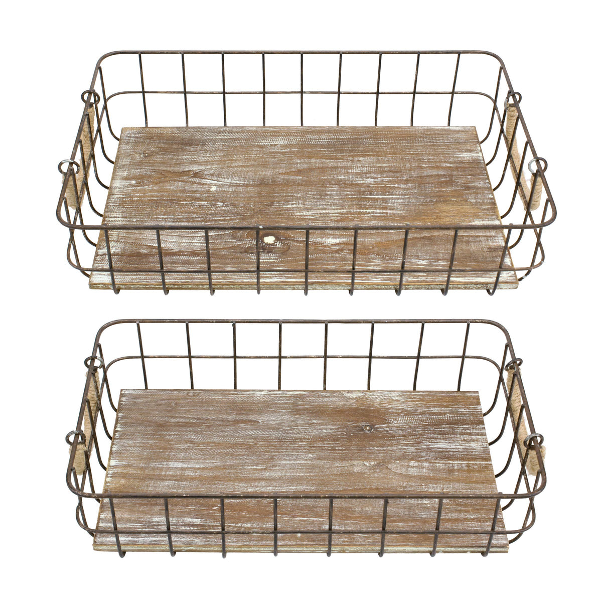 Stonebriar Stackable 2pc Rectangle Metal Wire and Wood Basket Set with Rope Wrapped Handles, Rustic