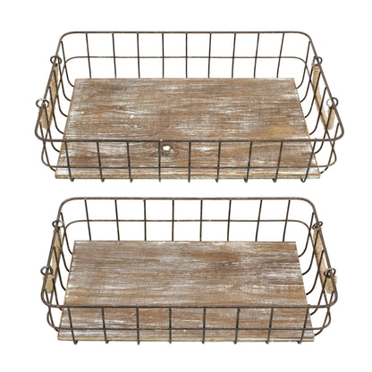 Stonebriar Stackable 2pc Rectangle Metal Wire and Wood Basket Set with Rope Wrapped Handles, Rustic