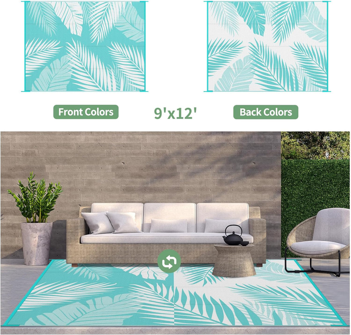 GENIMO Outdoor Rug 9' x 12' Waterproof for Patios Clearance, Reversible Outdoor Plastic Straw