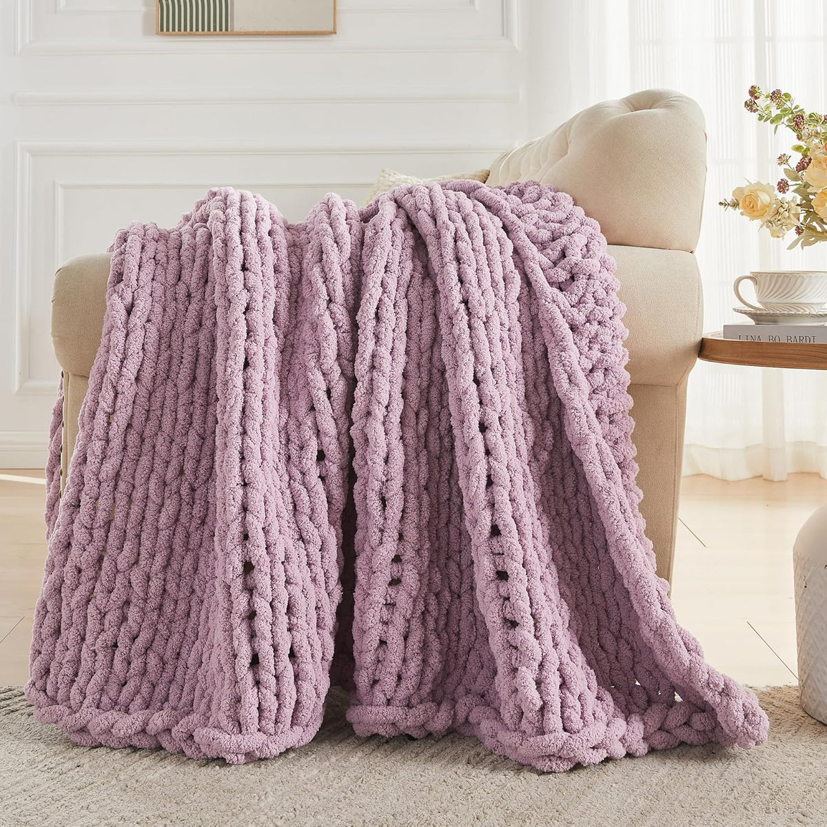 Carriediosa Chunky Knit Throw Blanket 50" X 60", 100% Hand Made Large Chenille Loop Yarn Soft