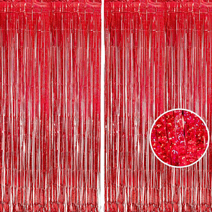 BRAVESHINE Red Tinsel Foil Fringe Curtains - 2Pcs 3.2x8.2ft Holidays Photo Booth Backdrop for