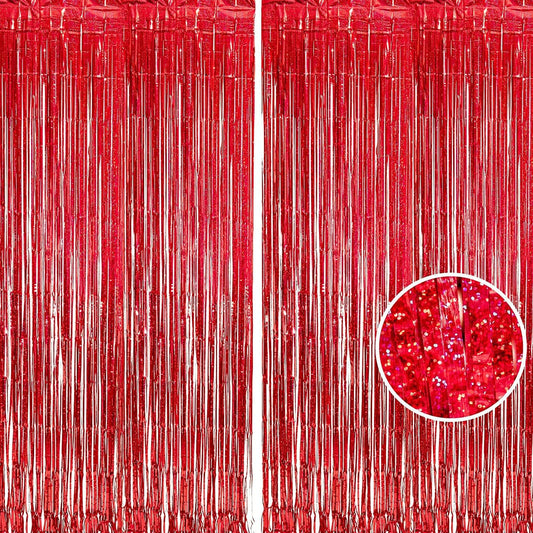 BRAVESHINE Red Tinsel Foil Fringe Curtains - 2Pcs 3.2x8.2ft Holidays Photo Booth Backdrop for