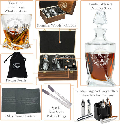 Frolk Personalized Whiskey Decanter and Stones Set - Customized Gift for Him - Men, Dad, Father
